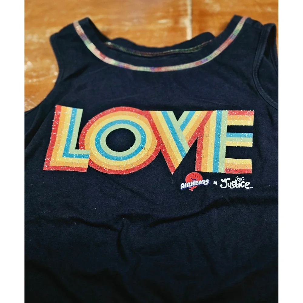 Justice x Airheads Girls XL Plus Black Rainbow Love Glitter Tank Top Cinched Hem
